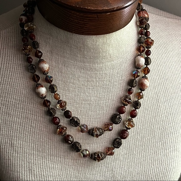 ALICE CAVINESS Vintage Designer Double Strand Glass Bead Necklace Earthy Rich - Picture 9 of 9